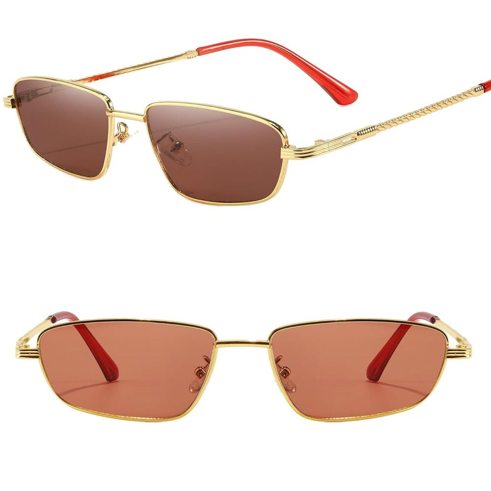 Women's Gold Pink Rimless Narrow Rectangle Retro Y2K Metal Fashion Sunglasses
